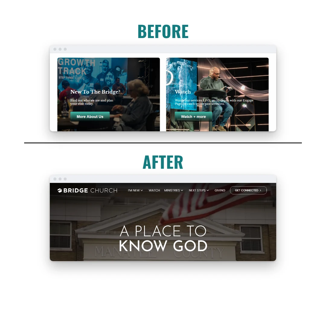 Bridge Church old homepage vs new homepage