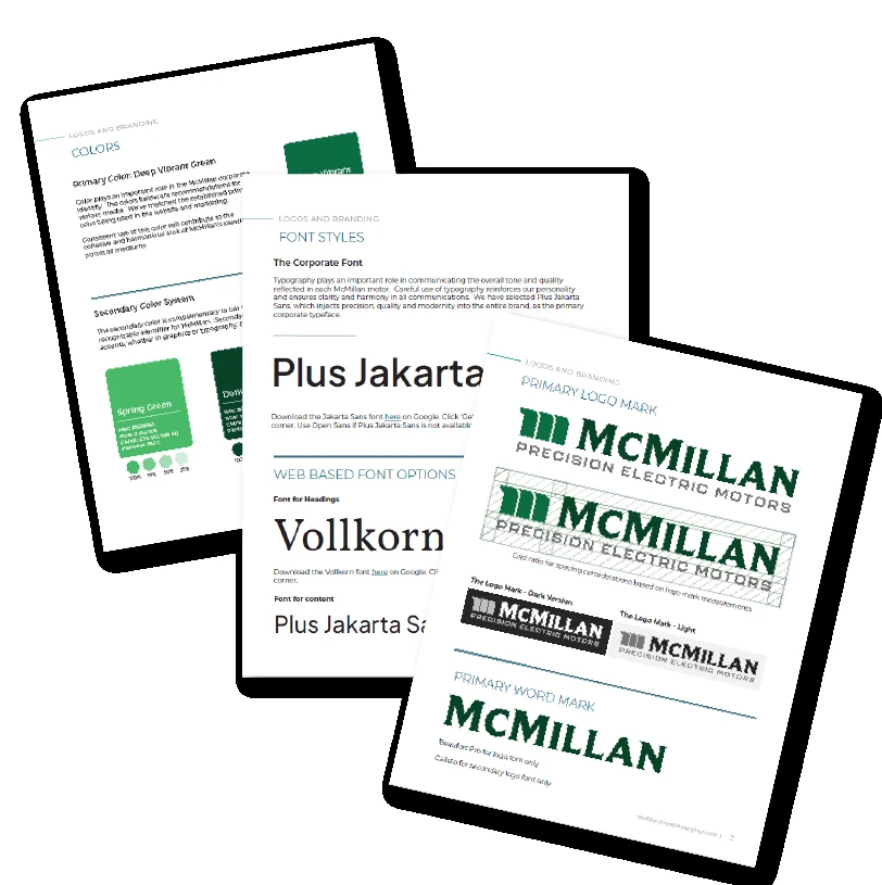 McMillan brand guide pages: colors, fonts and logo marks
