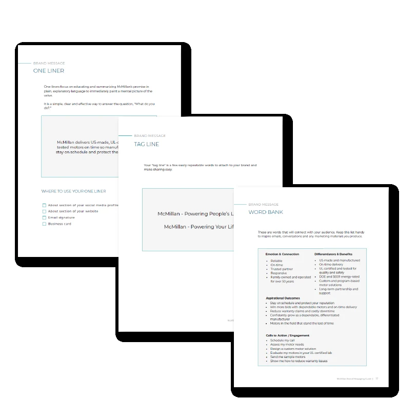 McMillan brand messaging guide pages: one-liner, tagline and word bank